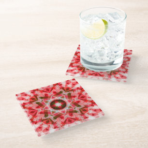 Festive Red Green Geometric Cosy Christmas Star Glass Coaster