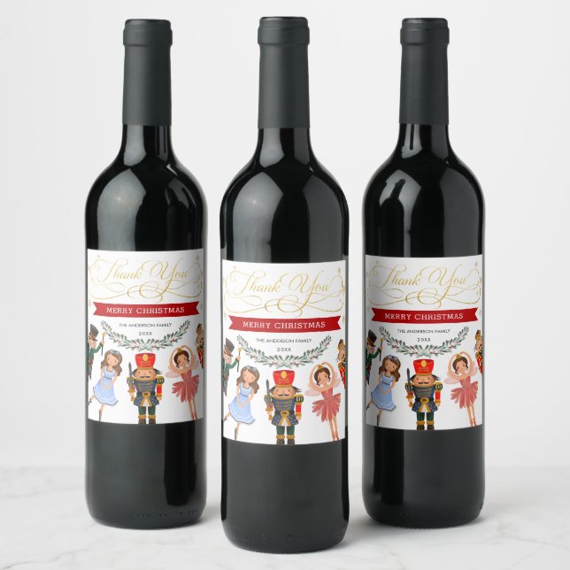 Festive Red Green Gold Nutcracker Holiday Party Wine Label (Bottles)