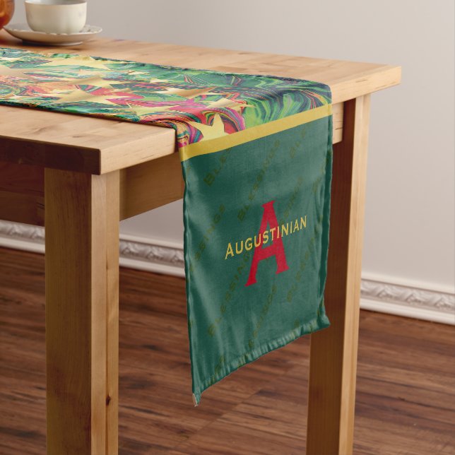 Festive Red Green Gold Personalised Christmas Short Table Runner (In Situ)