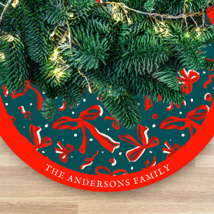 Festive Red & Green Hand Drawn Bows and Ribbons Fleece Tree Skirt