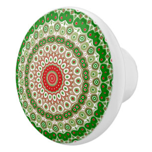 Festive Red & Green Mandala with Holiday Symmetry Ceramic Knob