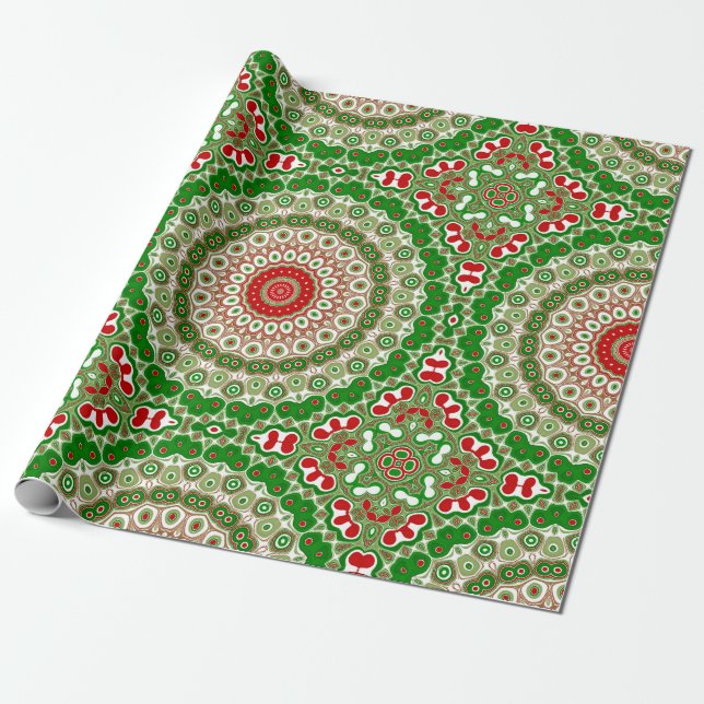 Festive Red & Green Mandala with Holiday Symmetry Wrapping Paper (Unrolled)