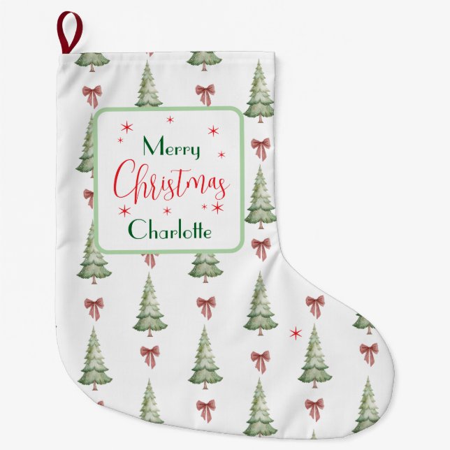 Festive Red Green Merry Christmas Name Stocking (Front)