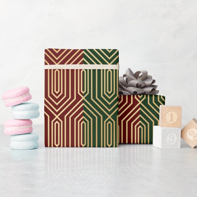 Festive Red/Green Modern Art Deco Gold Pattern 108 Wrapping Paper (Baby Shower)