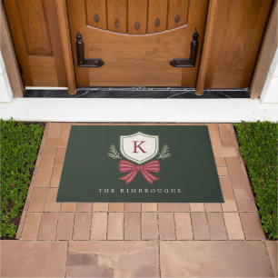 Festive Red Green Monogrammed Bow Christmas Doormat