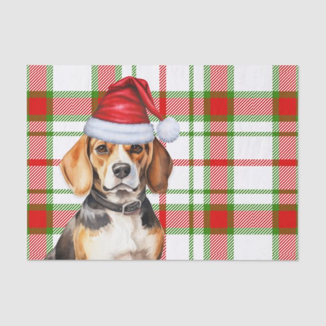 Festive Red Green Plaid and Beagle Dog Christmas Tissue Paper (Front)