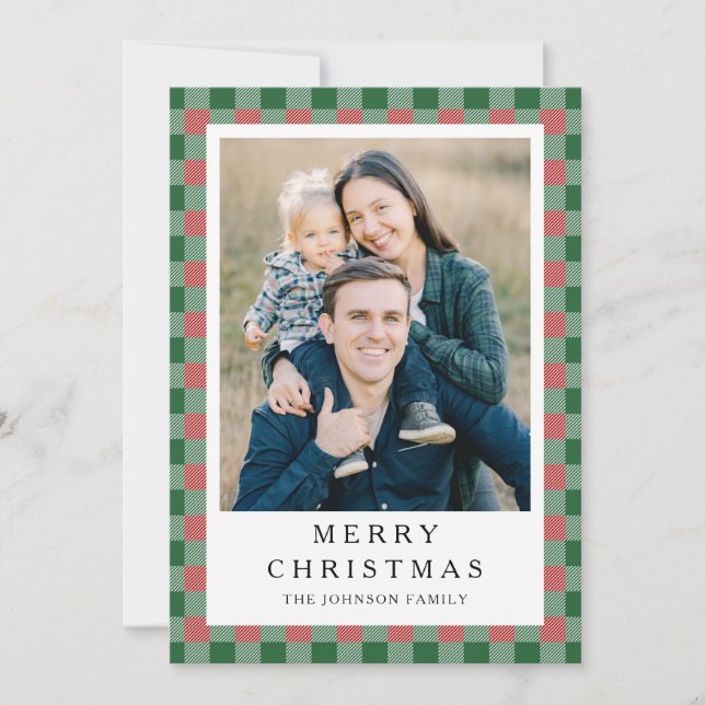 Festive red Green Plaid Photo Christmas Holiday Card (Front)