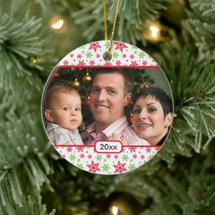 Festive Red Green Snowflake Photo First Christmas Ceramic Tree Decoration