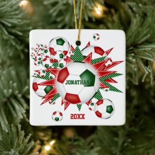 Festive red green soccer ball blowout boys girls ceramic ornament