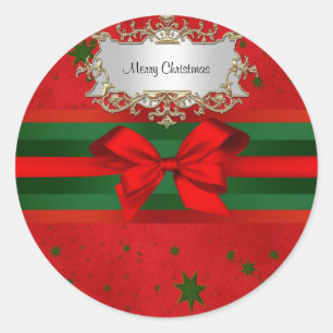 Festive Red Green Stars Bow Ribbon Christmas Classic Round Sticker