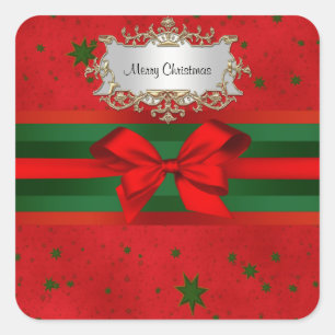Festive Red Green Stars Bow Ribbon Christmas Square Sticker