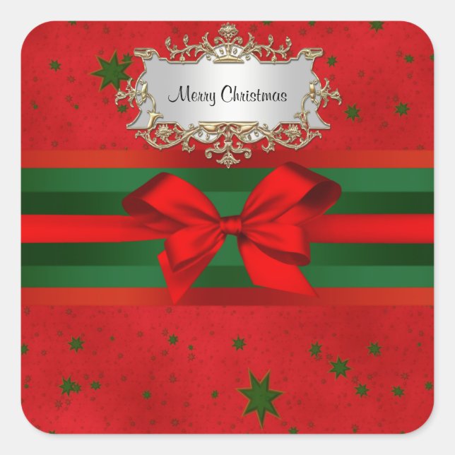 Festive Red Green Stars Bow Ribbon Christmas Square Sticker (Front)