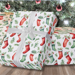 Festive Red Green Stockings Christmas Wrapping Paper