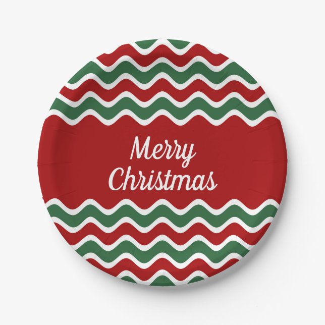 Festive Red Green Stripes Christmas Paper Plates. Paper Plate (Front)
