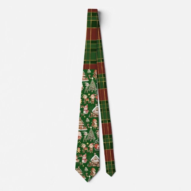 Festive Red Green Tartan Christmas Elves Santa Tie (Front)