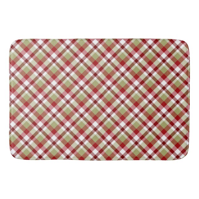 Festive Red Green White Christmas Holiday Plaid Bath Mat (Front)