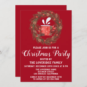 Festive Red & Green Wreath Holiday Christmas Party Invitation