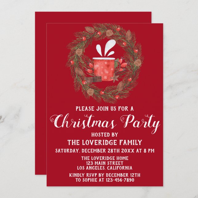 Festive Red & Green Wreath Holiday Christmas Party Invitation (Front/Back)