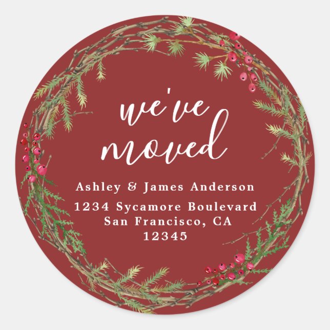 Festive Red Greenery Christmas We've Moved Address Classic Round Sticker (Front)