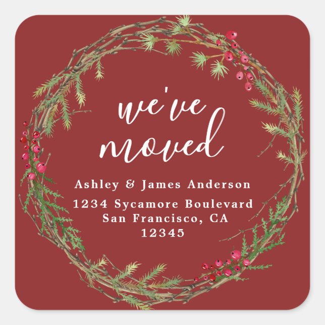 Festive Red Greenery Christmas We've Moved Address Square Sticker (Front)