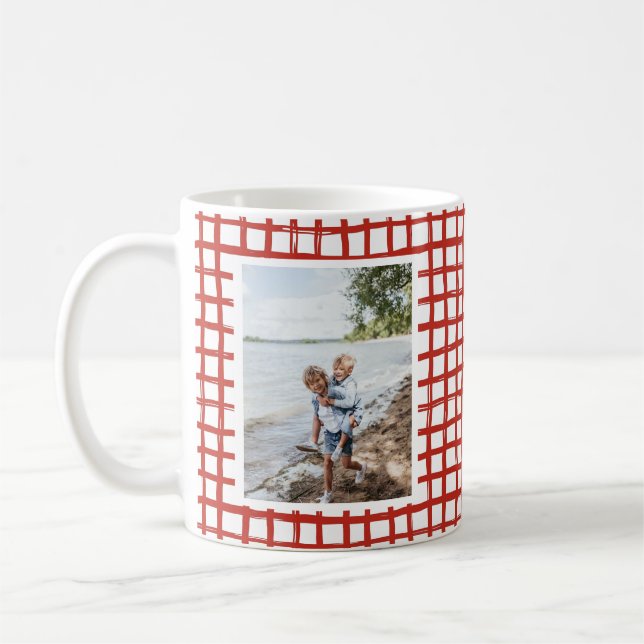 Festive Red Hand Drawn Plaid 2 Photo Coffee Mug (Left)