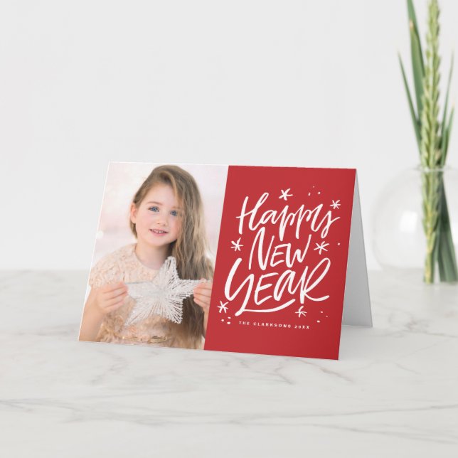 Festive Red Happy New Year Lettering Photo Holiday Card (Front)