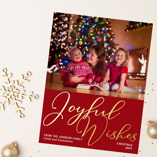 Festive Red Joyful Wishes Christmas Photo Gold Foil Holiday Postcard (Creator Uploaded)