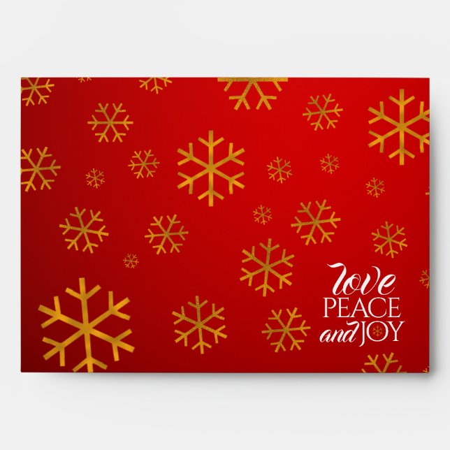 Festive Red Love, Peace, and Joy with Snowflakes Envelope (Front)