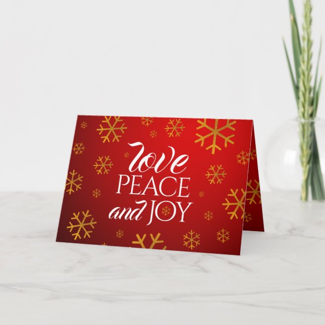 Festive Red Love, Peace, and Joy with Snowflakes Holiday Card (Front)