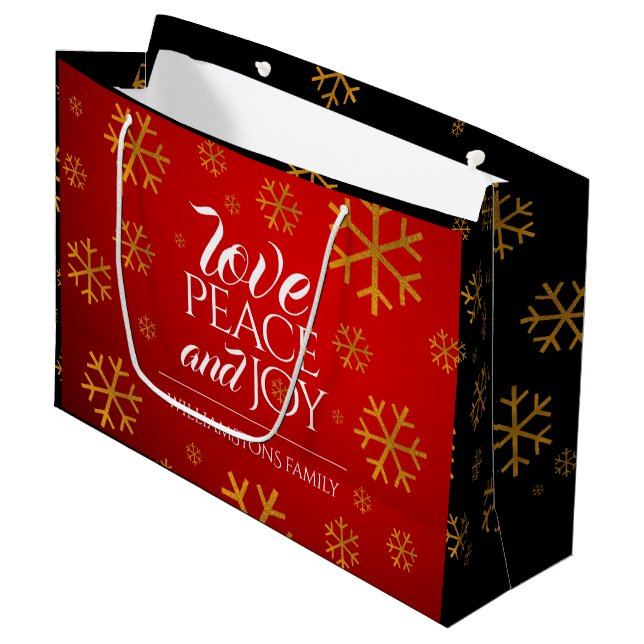 Festive Red Love, Peace, and Joy with Snowflakes Large Gift Bag (Front Angled)