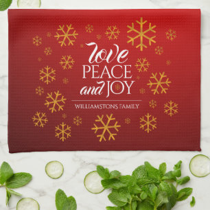 Festive Red Love, Peace, and Joy with Snowflakes Tea Towel