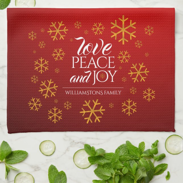 Festive Red Love, Peace, and Joy with Snowflakes Tea Towel (Folded)