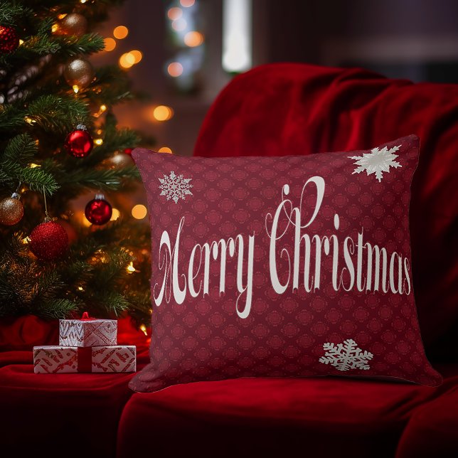 Festive Red Merry Christmas Embellished Decorative Cushion (Festive Merry Christmas Embellished Font Script Decorative Pillow)