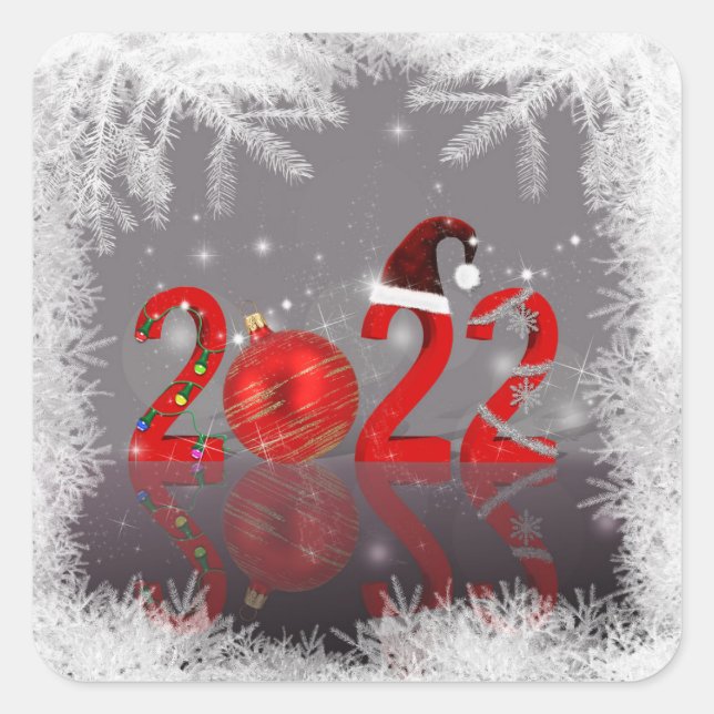 Festive Red Merry Christmas New Year 2022 Square Sticker (Front)