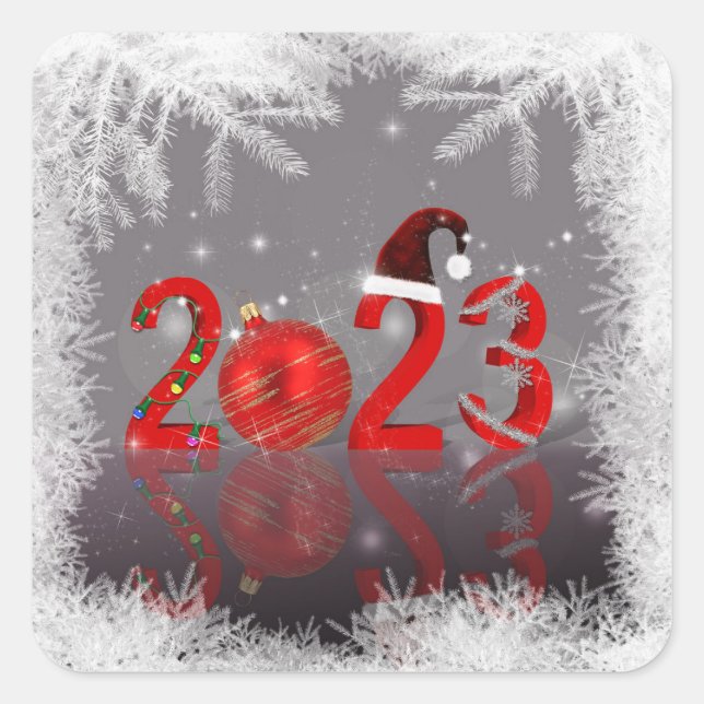 Festive Red Merry Christmas New Year 2023 Square Sticker (Front)