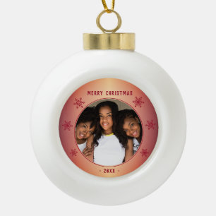 Festive Red Metallic Snowflake Family Photo  Ceramic Ball Christmas Ornament
