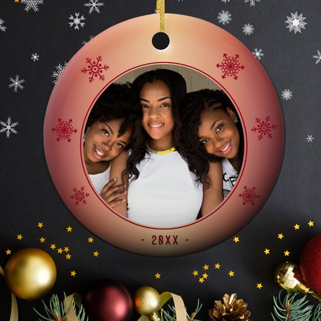Festive Red Metallic Snowflake Family Photo Ceramic Tree Decoration (Creator Uploaded)