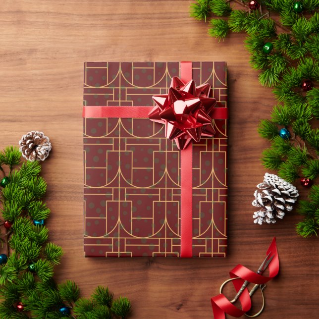 Festive Red Modern Art Deco Gold Pattern 111 Wrapping Paper (Holiday Gift)