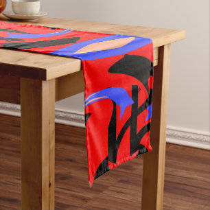 Festive Red Native Indian and Japanese Art Blend Short Table Runner