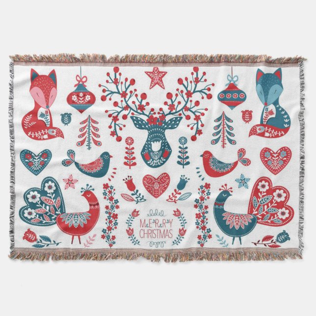 Festive Red Navy Christmas Scandinavian Folk Art Throw Blanket (Front)