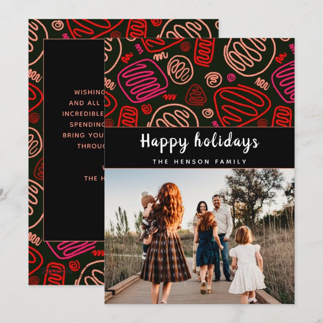 Festive Red One line art Christmas Family Photo Holiday Card (Front/Back)