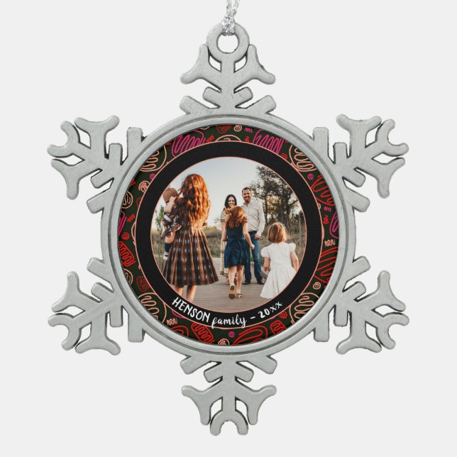 Festive Red One line art Christmas Family Photo Snowflake Pewter Christmas Ornament (Front)