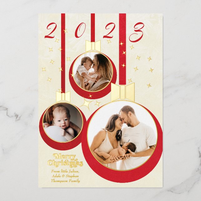 Festive Red Our First Christmas 3 Photo Collage Foil Holiday Card (Front)