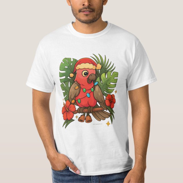 Festive Red Parrot with Tropical Christmas Lights T-Shirt (Front)