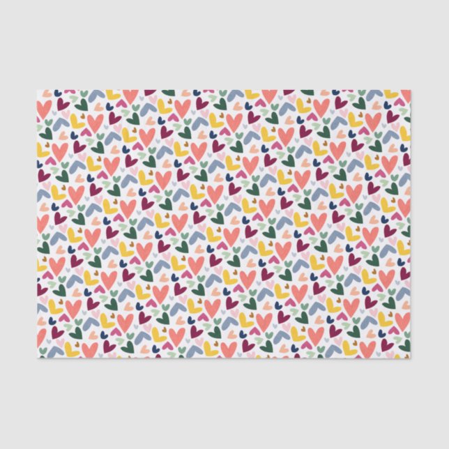 Festive Red Peach Blush Pink Blue Heart Pattern Tissue Paper (Front)