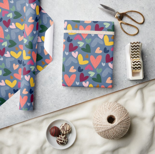 Festive Red Peach Blush Pink Blue Heart Pattern Wrapping Paper (Crafts)