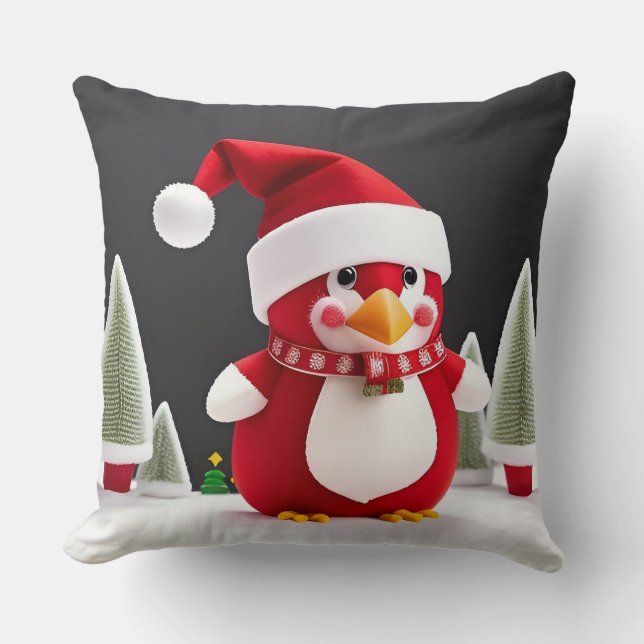 Festive Red Penguin in Santa Hat Cushion (Front)