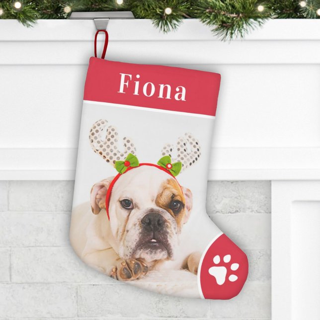 Festive Red Pet Paw Print Monogram Photo Small Christmas Stocking (Creator Uploaded)