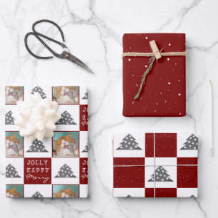 Festive Red Pet Photo Christmas Tree Wrapping Paper Sheet