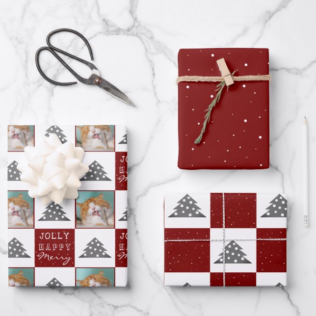 Festive Red Pet Photo Christmas Tree Wrapping Paper Sheet (Front)